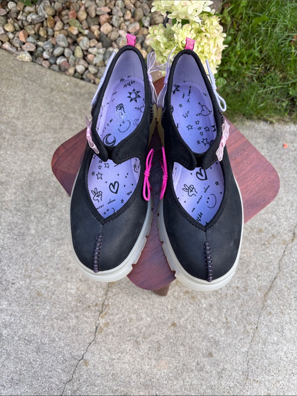 Ugg Areum Black Mary Jane Flats with Pink Accents and Lavender Printed Insole
